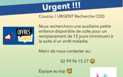 RECHERCHE UNE AUXILIAIRE PETITE ENFANCE EN CDD